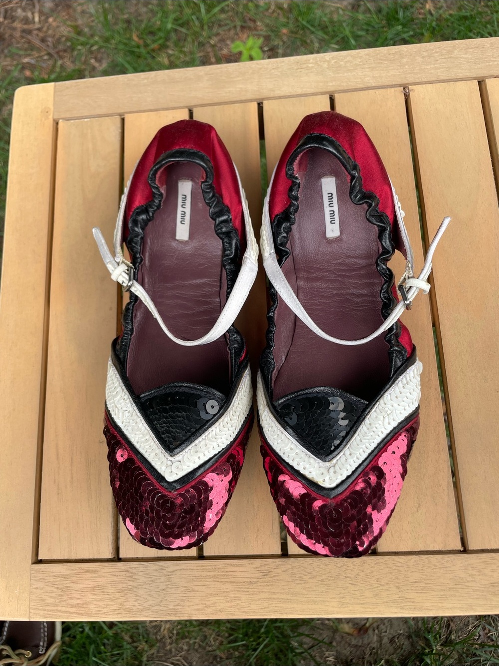 Miu Miu Merlot, Black and White Sequin Mary Jane Flats